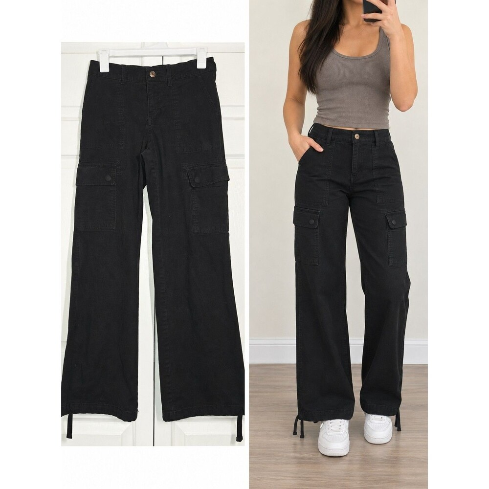 Wild Fable Womens Black Mid Rise Wide Leg Cargo Utility Pants Size XS Stretch